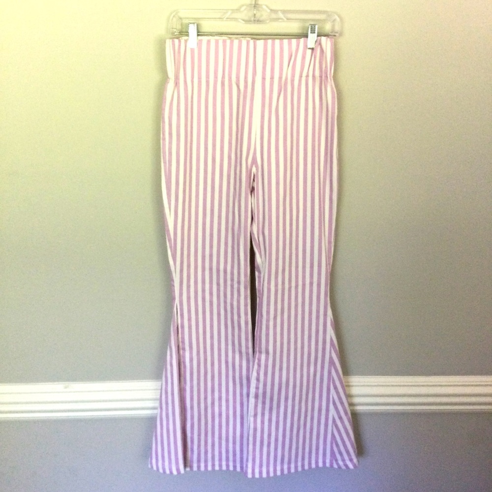Boutique Bell Bottom Size Large Purple White Striped Pants NWT